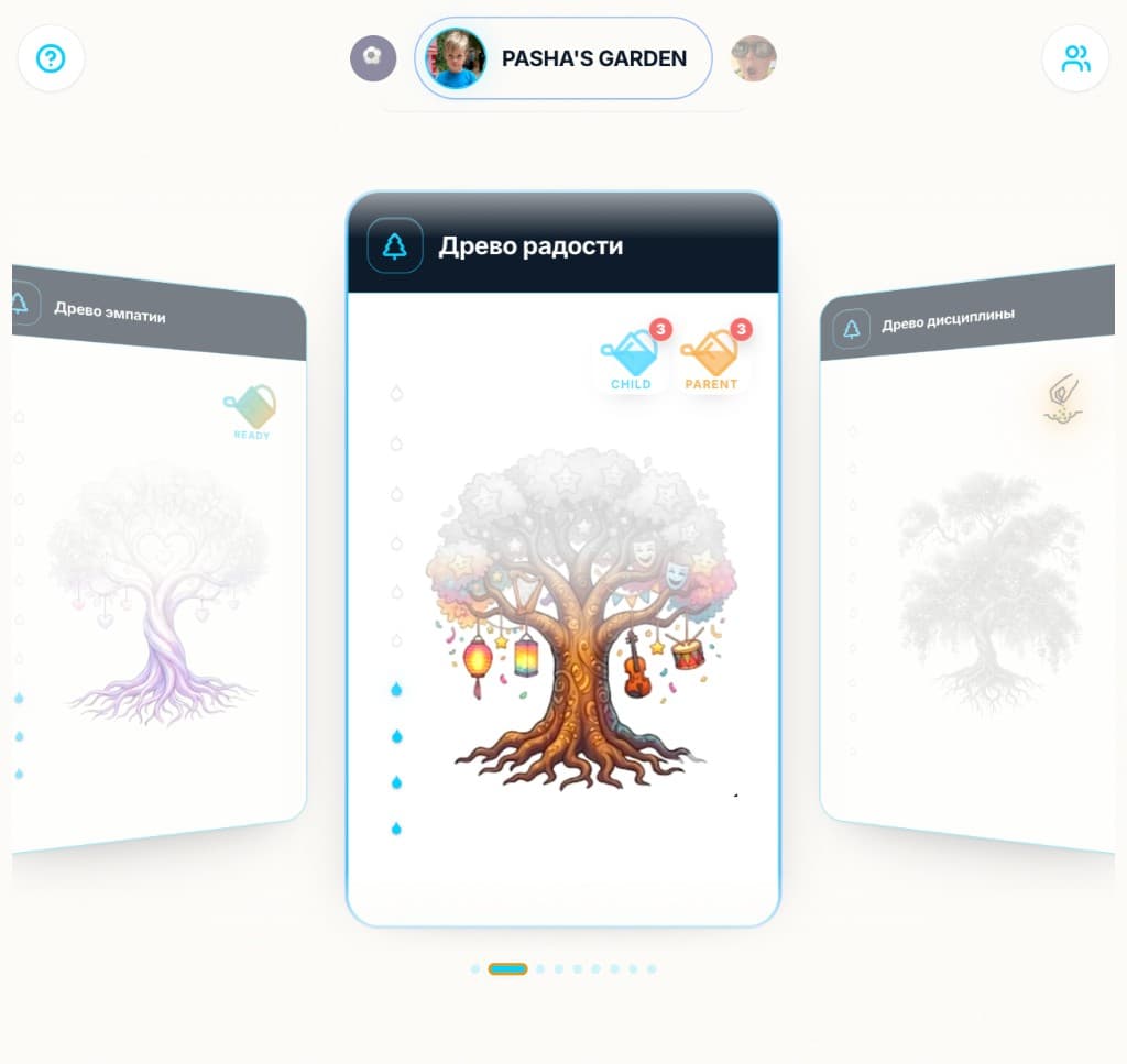 Tree card with partially filled parent and child watering cans